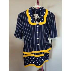 Leslie Luck Blue Striped & Polka Dot Two-Piece Set | Size 10 | Vintage 80s Chic